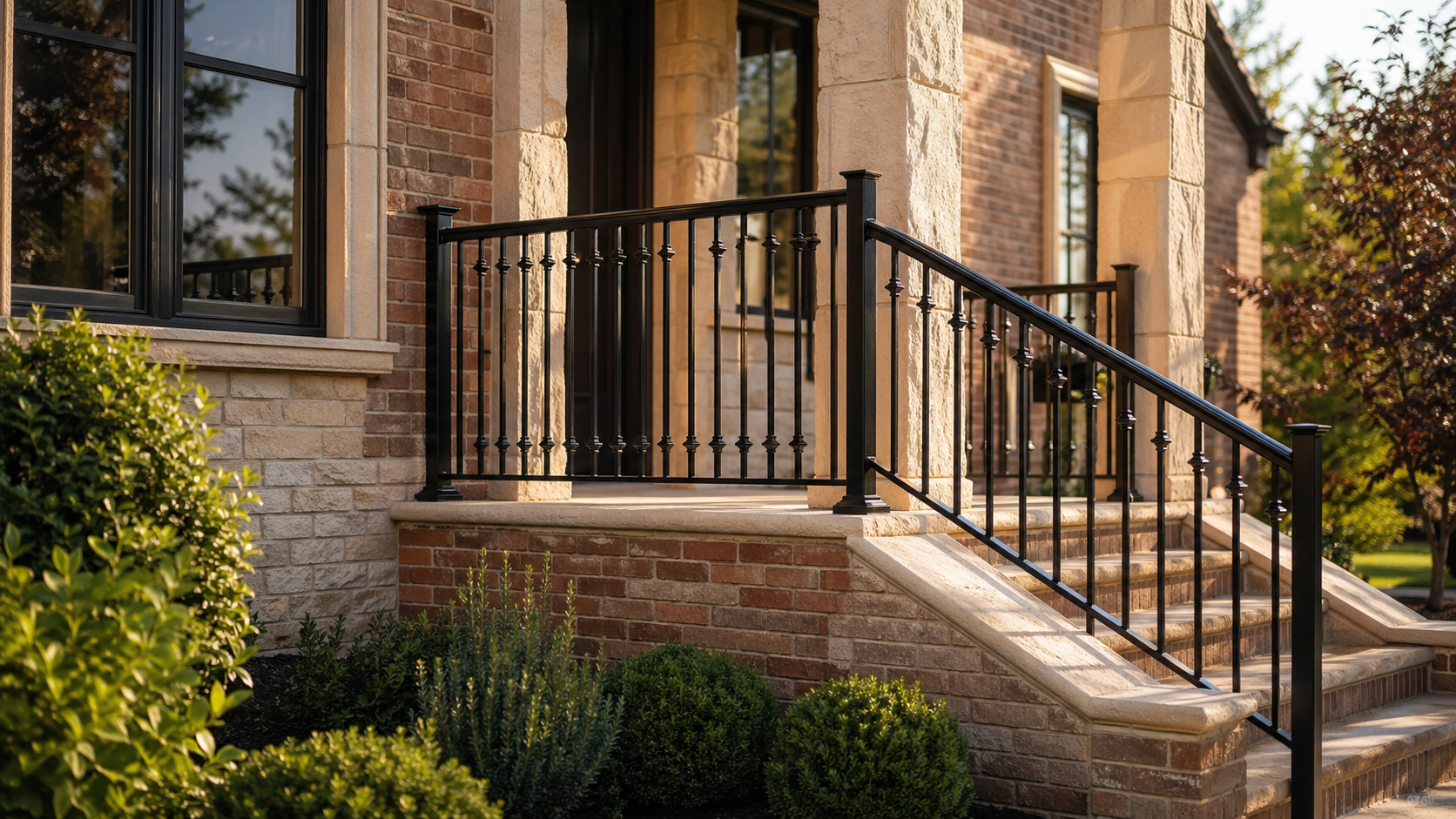 Custom black metal porch railing on a warm brick home