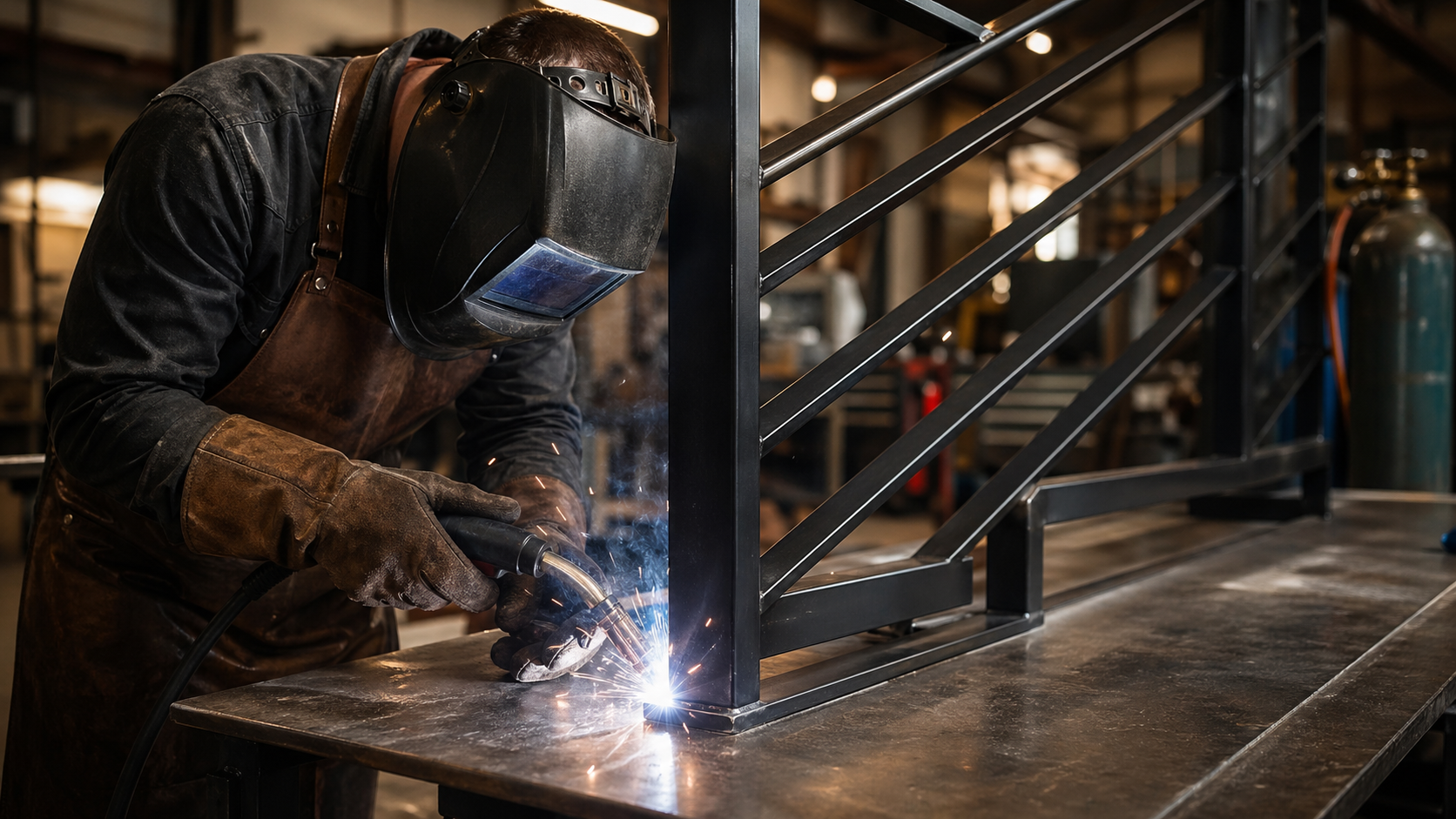 Custom metal railing being fabricated in a workshop